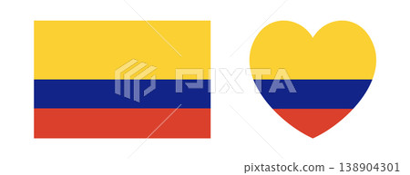 Flag of Colombia heart, rectangle icon, sticker, badge. Rectangular, heart shaped Colombian flag banner, background. Colombia flag buttons set. Flag of Colombia heart, rectangle icon, sticker, badge. Rectangular, heart shaped Colombian flag banner, background. Colombia flag buttons set. 138904301