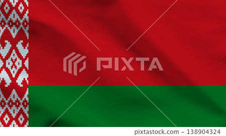 Belarus flag waving display showing red, green colors and traditional pattern Belarus flag waving display showing red, green colors and traditional pattern 138904324