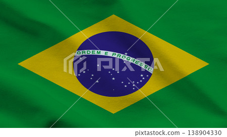 Brazilian flag waving with green and yellow features in a bright setting Brazilian flag waving with green and yellow features in a bright setting 138904330