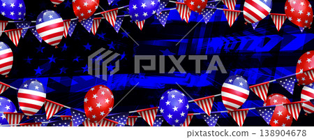 Independence Day. Abstract postcard with an American flag silhouette and balloons Independence Day. Abstract postcard with an American flag silhouette and balloons 138904678