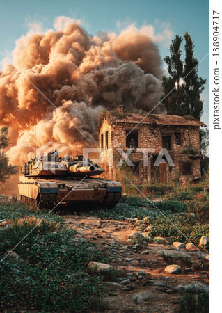 Modern French tank fires at house ruins during military operation Modern French tank fires at house ruins during military operation 138904717