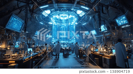 Scientists conduct advanced teleportation experiments in a futuristic laboratory environment 138904719