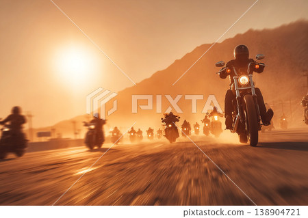 Modern bikers ride together along a highway under a blazing sun in a vibrant group Modern bikers ride together along a highway under a blazing sun in a vibrant group 138904721