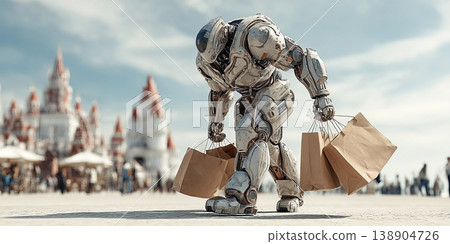 Shiny robot exoskeleton delivers groceries in bustling city environment during daytime Shiny robot exoskeleton delivers groceries in bustling city environment during daytime 138904726