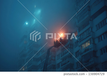 Fire brigade crew battles blaze in multi story building during foggy conditions Fire brigade crew battles blaze in multi story building during foggy conditions 138904729