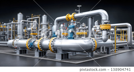 Gas pipeline system featuring modern pump units and sensors in a complex setup Gas pipeline system featuring modern pump units and sensors in a complex setup 138904741