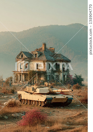 Modern tank engages targets amid the ruins of an abandoned house in a desolate field Modern tank engages targets amid the ruins of an abandoned house in a desolate field 138904770