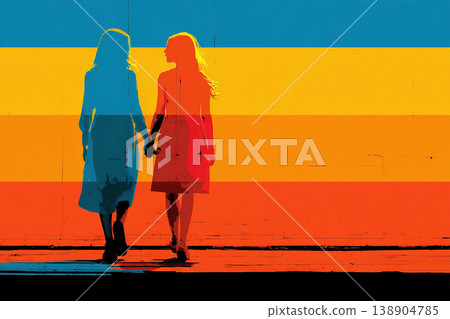 Two girls stand hand in hand silhouetted against a bold backdrop of rainbow colors 138904785