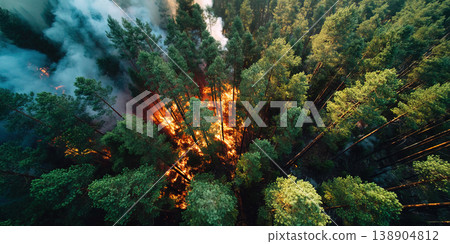 Fire engulfs forest from above highlighting ecological disaster and devastation 138904812