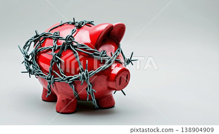 Red Piggy Bank Wrapped in Barbed Wire , Financial Restriction, Crisis, or Economic Sanctions Concept Red Piggy Bank Wrapped in Barbed Wire , Financial Restriction, Crisis, or Economic Sanctions Concept 138904909