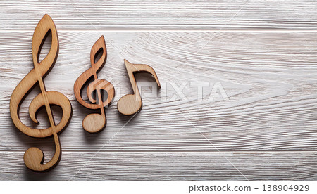 Wooden Music Notes on White Wooden Background , Creative Music and Art Concept Wooden Music Notes on White Wooden Background , Creative Music and Art Concept 138904929