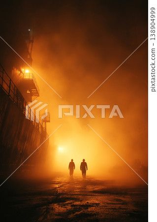 Silhouettes of workers navigating heavy metallurgical plant under industrial haze and dim light 138904999