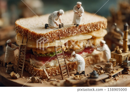 Fabulous workers of tiny stature create an enormous sandwich in an imaginative culinary scene Fabulous workers of tiny stature create an enormous sandwich in an imaginative culinary scene 138905000
