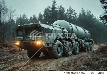 Military tractor transports continental nuclear missile through forested terrain at dawn Military tractor transports continental nuclear missile through forested terrain at dawn 138905001