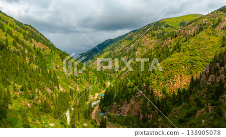 Mountain valley with tents and evergreen trees in Kyrgyzstan Mountain valley with tents and evergreen trees in Kyrgyzstan 138905078