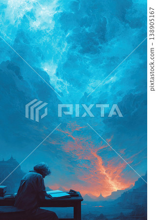 Writer immersed in creating a fantasy book in a cosmic landscape filled with imaginative elements Writer immersed in creating a fantasy book in a cosmic landscape filled with imaginative elements 138905167