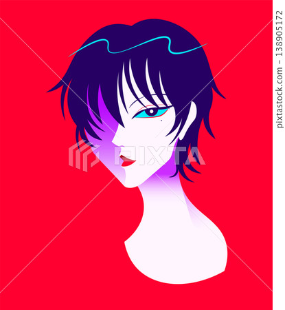 一幅風格時尚的插畫,描繪了一位有著海軍藍頭髮和藍色眼睛的女性,背景是紅色。 一幅風格時尚的插畫,描繪了一位有著海軍藍頭髮和藍色眼睛的女性,背景是紅色。 138905172