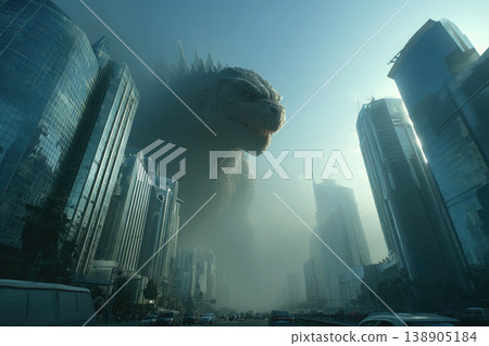 Giant creature towers over modern city amidst fog and skyscrapers in an epic showdown Giant creature towers over modern city amidst fog and skyscrapers in an epic showdown 138905184