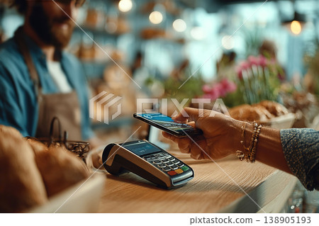 Customer uses phone to pay for purchases at modern retail store checkout Customer uses phone to pay for purchases at modern retail store checkout 138905193