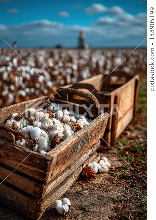 Cotton boxes lined up against cotton field backdrop during harvest season Cotton boxes lined up against cotton field backdrop during harvest season 138905199