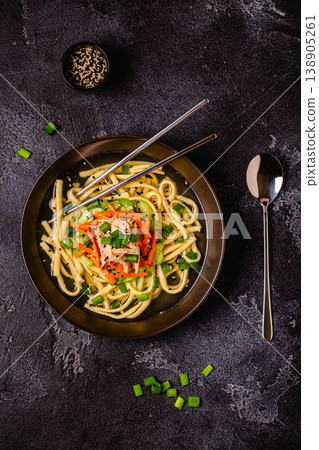Traditional Korean chicken soup with homemade noodles Traditional Korean chicken soup with homemade noodles 138905261