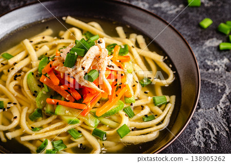 Traditional Korean chicken soup with homemade noodles Traditional Korean chicken soup with homemade noodles 138905262