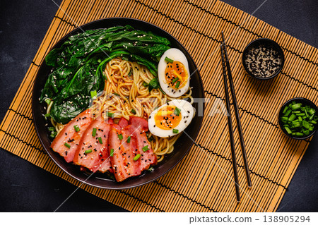 Traditional ramen noodle soup with brisket, spinach and egg. 138905294