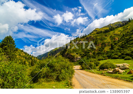 Rolling green hills and dirt road in Kyrgyzstan landscape 138905397