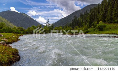 Scenic river flowing through mountains and forest in Kyrgyzstan 138905410