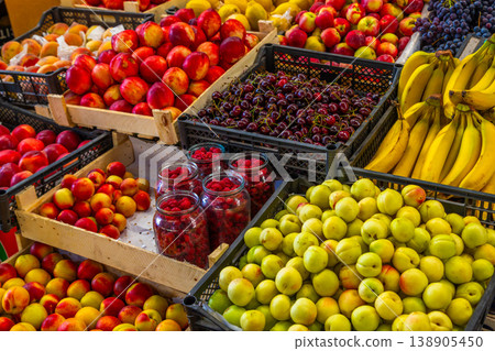 Fresh Fruit Display at Market Stall Kyrgyzstan 138905450