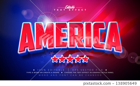 America Text Effect Design Editable Vector Graphic Style with 3d Typography and United States of America Flag Background. Independence Day or Memorial Day Customizable Illustration Template for 138905649