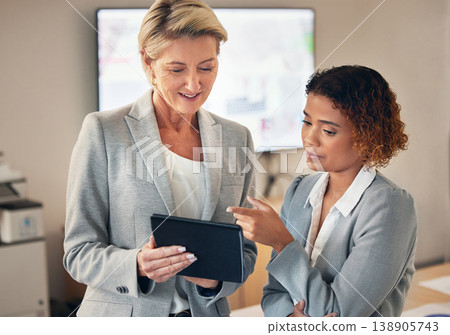 Tablet, planning and teamwork of business women or manager accounting research, agenda and workflow planning. Accountant boss, executive or corporate people talking of digital finance software app Tablet, planning and teamwork of business women or manager accounting research, agenda and workflow planning. Accountant boss, executive or corporate people talking of digital finance software app 138905743