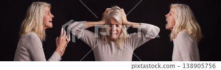 Bipolar, mental health and woman scream on composite black background for schizophrenia, crazy face and identity crisis. Depression, psychology and lady hearing voice in her mind from trauma anxiety 138905756