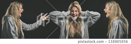 Mental health, schizophrenia and bipolar woman with depression screaming for help. Anxiety, frustrated and depressed girl angry at mental illness trying to block out pain, stress and negative thought Mental health, schizophrenia and bipolar woman with depression screaming for help. Anxiety, frustrated and depressed girl angry at mental illness trying to block out pain, stress and negative thought 138905856