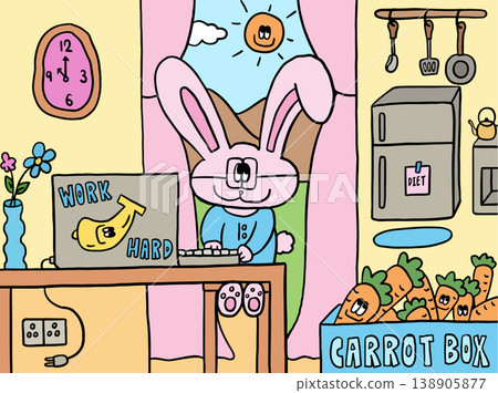 Hand drawn room background of pink rabbit, laptop, carrot box, window, curtain, clock, flowers in flowerpot, kitchen, fridge, oven, tea pot, frying pan, sun, clouds, blue sky, green grass, mountain Hand drawn room background of pink rabbit, laptop, carrot box, window, curtain, clock, flowers in flowerpot, kitchen, fridge, oven, tea pot, frying pan, sun, clouds, blue sky, green grass, mountain 138905877