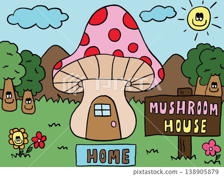 Hand drawn vector illustrations of mushroom house, tree, mountain, sun, clouds, green grass, flowers and blue sky for home, house, landscape, nature, garden, scenery, background, wallpaper, backdrop 138905879