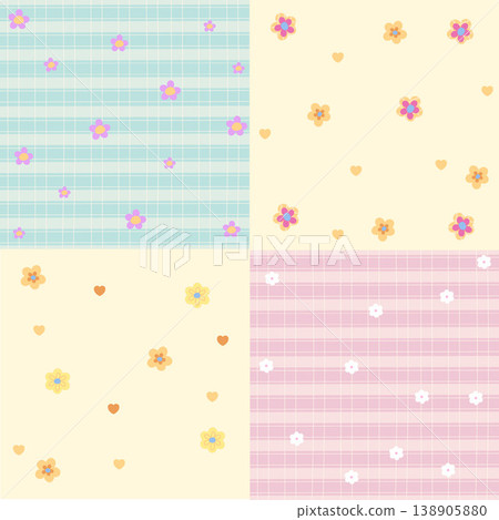 Four set of background designs with heart, flower, checked pattern for wallpaper, backdrop, ad template, frame, paper design, social media, poster, sticky note, floral fabric print, Valentine's Day 138905880