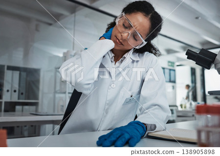 Stress, woman or scientist with neck pain in a laboratory suffering from burnout, body ache or overworked. Exhausted, injury or tired doctor working on science research with fatigue or tension Stress, woman or scientist with neck pain in a laboratory suffering from burnout, body ache or overworked. Exhausted, injury or tired doctor working on science research with fatigue or tension 138905898