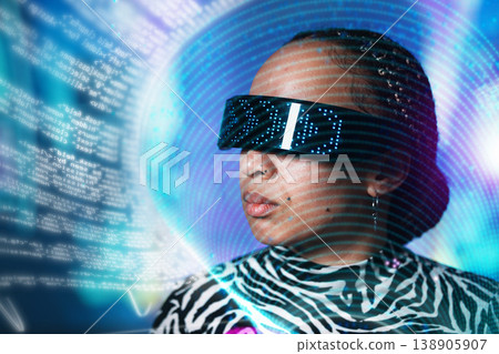 Serious black woman, metaverse or virtual reality glasses with overlay for digital transformation. Face with vr tech for hologram for cyber or 3d world for big data, information technology and coding Serious black woman, metaverse or virtual reality glasses with overlay for digital transformation. Face with vr tech for hologram for cyber or 3d world for big data, information technology and coding 138905907
