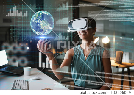Vr, metaverse and business woman with earth in office at night exploring a cyber world. Future, virtual reality and female employee with digital globe with ai software for 3d, data and trading graphs Vr, metaverse and business woman with earth in office at night exploring a cyber world. Future, virtual reality and female employee with digital globe with ai software for 3d, data and trading graphs 138906069