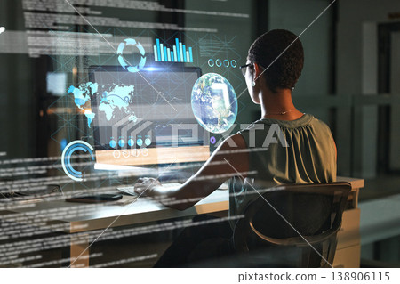 Computer, global data hologram and woman review finance chart, stock market database or futuristic ui overlay. Forex investment hud, ecommerce back view or night trader trading NFT, bitcoin or crypto Computer, global data hologram and woman review finance chart, stock market database or futuristic ui overlay. Forex investment hud, ecommerce back view or night trader trading NFT, bitcoin or crypto 138906115