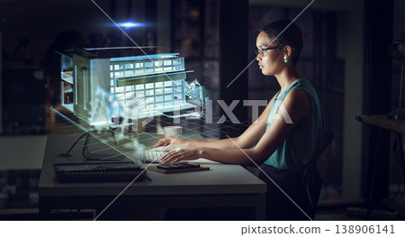 Hologram, computer and business woman typing in office with 3d building at night. Futuristic, ai and female employee with holographic software for architecture, home or house with augmented reality. 138906141