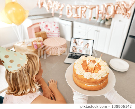 Birthday party during covid, video call and celebration with friends and family on Zoom. Girl having a internet, cyber or virtual social distancing gathering with cake and presents during pandemic 138906142