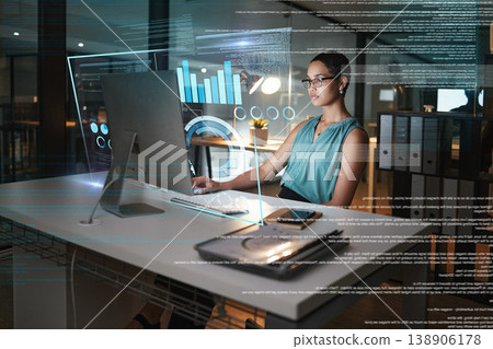 Computer, online hologram hud and woman review finance chart, stock market database or future night overlay. Forex investment dashboard, data analysis and African trader trading NFT or bitcoin crypto Computer, online hologram hud and woman review finance chart, stock market database or future night overlay. Forex investment dashboard, data analysis and African trader trading NFT or bitcoin crypto 138906178