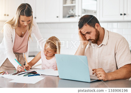 Student writing homework in book with mother, people looking stressed working on tech laptop and family suffering with quarantine stress. Parent teaching girl education and man sitting with headache Student writing homework in book with mother, people looking stressed working on tech laptop and family suffering with quarantine stress. Parent teaching girl education and man sitting with headache 138906196