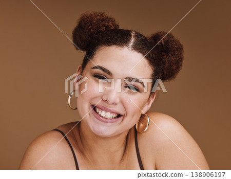 Portrait, woman and skincare with smile, luxury and spa treatment with girl on brown studio background. Face, female or lady with happiness, organic facial or morning routine with smooth or soft skin Portrait, woman and skincare with smile, luxury and spa treatment with girl on brown studio background. Face, female or lady with happiness, organic facial or morning routine with smooth or soft skin 138906197