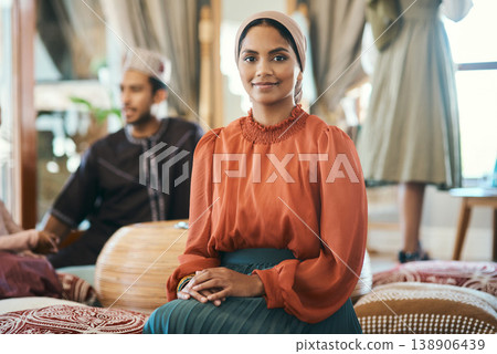 Home, portrait and Muslim woman with hijab for Eid, religious and gathering for festive celebration. Islam, faith and person with smile for Ramadan, culture and traditional clothes for event in house Home, portrait and Muslim woman with hijab for Eid, religious and gathering for festive celebration. Islam, faith and person with smile for Ramadan, culture and traditional clothes for event in house 138906439