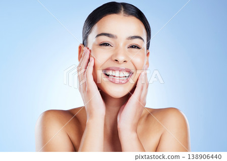 Beauty, skincare and happy with portrait of woman for spa treatment, facial and cosmetics. Health, wellness and smile with face of girl model for relax, self care and glow in blue background studio Beauty, skincare and happy with portrait of woman for spa treatment, facial and cosmetics. Health, wellness and smile with face of girl model for relax, self care and glow in blue background studio 138906440