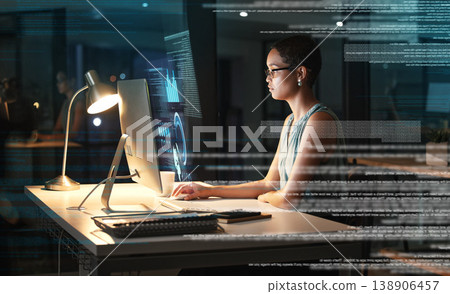 Computer, future hologram hud and woman review finance chart, stock market database or night overlay. Forex investment dashboard, online data analysis and African trader trading NFT or bitcoin crypto Computer, future hologram hud and woman review finance chart, stock market database or night overlay. Forex investment dashboard, online data analysis and African trader trading NFT or bitcoin crypto 138906457