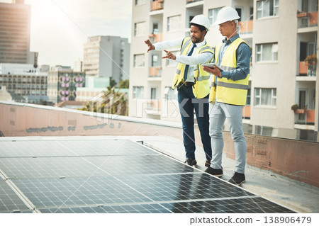 Solar panels, engineering and business people with tablet for construction, maintenance and planning. Teamwork, renewable energy and men with digital tech for sustainable photovoltaic electricity Solar panels, engineering and business people with tablet for construction, maintenance and planning. Teamwork, renewable energy and men with digital tech for sustainable photovoltaic electricity 138906479